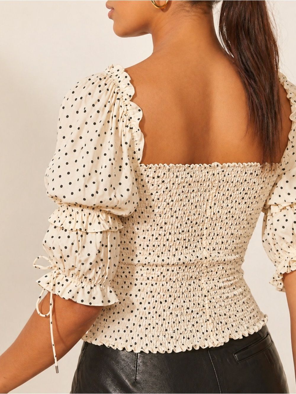 REFORMATION Nina Blouse Polka Dot Puff Sleeve Womens Top Size 4 Ivory Black - Picture 2 of 10